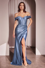 CD CD370 - Off The Shoulder Stretch Satin Fit & Flare Prom Gown with Asymmetrical Waist Boned Bodice Lace Up Back & Leg Slit PROM GOWN CINDERELLA DIVINE 4 Smoky Blue 