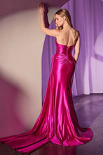 CD CD379 - Strapless Stretch Satin Fit & Flare Prom Gown with Gathered Corset Bodice Lace-Up Back Side Sash & Leg Slit PROM GOWN Cinderella Divine