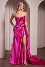 CD CD379 - Strapless Stretch Satin Fit & Flare Prom Gown with Gathered Corset Bodice Lace-Up Back Side Sash & Leg Slit PROM GOWN Cinderella Divine 0 Fuchsia