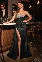 CD CD382 - Strapless Stretch Satin Fit & Flare Prom Gown with Sheer Rhinestone Trimmed Bodice Leg Slit Side Sash & Lace Up Corset Back PROM GOWN Cinderella Divine 0 Black