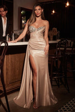 CD CD382 - Strapless Stretch Satin Fit & Flare Prom Gown with Sheer Rhinestone Trimmed Bodice Leg Slit Side Sash & Lace Up Corset Back PROM GOWN Cinderella Divine 0 Champagne