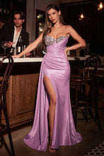 CD CD382 - Strapless Stretch Satin Fit & Flare Prom Gown with Sheer Rhinestone Trimmed Bodice Leg Slit Side Sash & Lace Up Corset Back PROM GOWN Cinderella Divine 0 Lavender