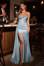 CD CD382 - Strapless Stretch Satin Fit & Flare Prom Gown with Sheer Rhinestone Trimmed Bodice Leg Slit Side Sash & Lace Up Corset Back PROM GOWN Cinderella Divine 0 light blue