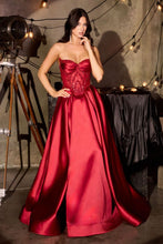 CD CD389 - Strapless Satin A-Line Prom Gown with Beaded Corset Bodice Side Pockets & Open Lace Up Back - Diggz Formals