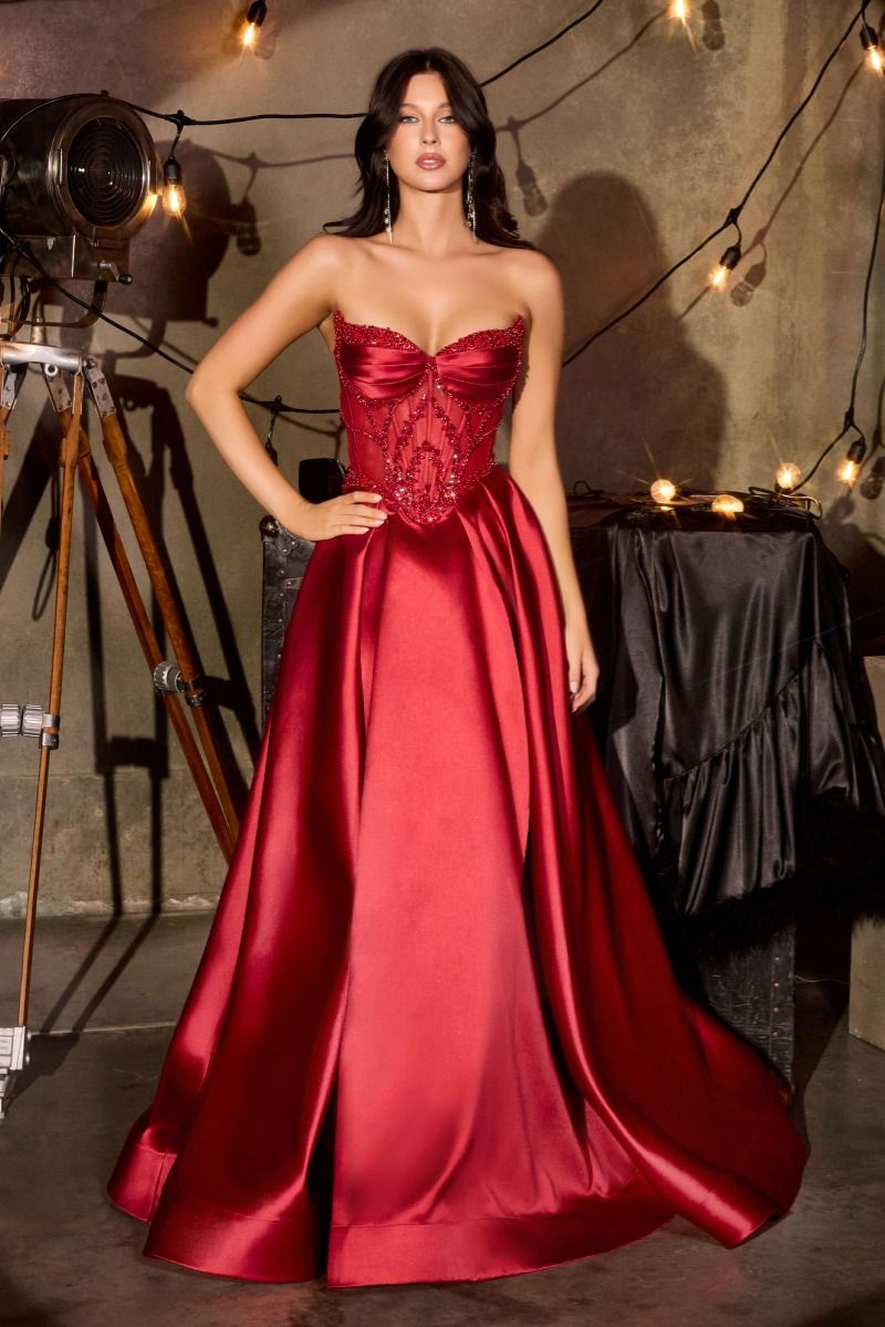 CD CD389 - Strapless Satin A-Line Prom Gown with Beaded Corset Bodice Side Pockets & Open Lace Up Back - Diggz Formals