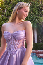 CD CD389 - Strapless Satin A-Line Prom Gown with Beaded Corset Bodice Side Pockets & Open Lace Up Back - Diggz Formals