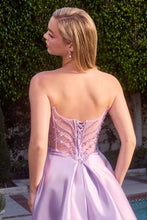 CD CD389 - Strapless Satin A-Line Prom Gown with Beaded Corset Bodice Side Pockets & Open Lace Up Back - Diggz Formals