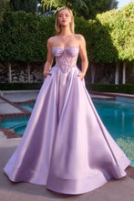 CD CD389 - Strapless Satin A-Line Prom Gown with Beaded Corset Bodice Side Pockets & Open Lace Up Back - Diggz Formals