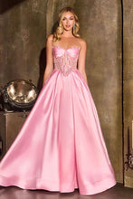 CD CD389 - Strapless Satin A-Line Prom Gown with Beaded Corset Bodice Side Pockets & Open Lace Up Back - Diggz Formals