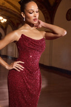 CD CD396 - Off the Shoulder Sequin Fit & Flare Prom Gown with Draped Cowl Neck Bodice & Open Lace Up Back PROM GOWN Cinderella Divine