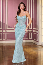 CD CD396 - Off the Shoulder Sequin Fit & Flare Prom Gown with Draped Cowl Neck Bodice & Open Lace Up Back PROM GOWN Cinderella Divine 0 light blue