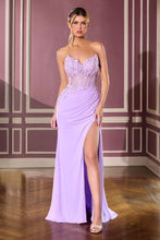 CD CD397 - Strapless Chiffon Fit & Flare Prom Gown with Sheer Beaded Lace Embellished Corset Bodice Leg Slit & Open Lace Up Back PROM GOWN Cinderella Divine 0 Lavender