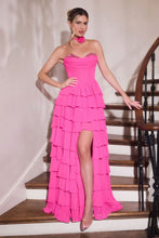 CD CD402 - Strapless Ruffled A-Line Prom Gown with Crystal Embellished Sweet Heart Neckline & Pleated Boned Bodice & Leg Slit & Open Lace Up Back PROM GOWN Cinderella Divine 0 Hot Pink