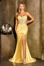 CD CD405 - Strapless Satin Fit & Flare Prom Gown with 3D Floral Appliqued Corset Bodice Leg Slit & Open Lace Up Back - Diggz Formals