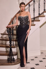 CD CD407 - Strapless Fit & Flare Prom Gown with Sheer Beaded Corset Bodice Leg Slit & Open Lace Up Back PROM GOWN Cinderella Divine 0 Black