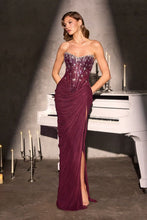 CD CD407 - Strapless Fit & Flare Prom Gown with Sheer Beaded Corset Bodice Leg Slit & Open Lace Up Back PROM GOWN Cinderella Divine 0 Maroon