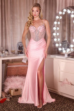 CD CD686 - Stretch Satin Fit & Flare Prom Gown with Linear Beaded Corset Bodice Leg Slit & Open Lace Up Back PROM GOWN Cinderella Divine 0 Light Pink