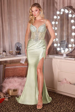 CD CD686 - Stretch Satin Fit & Flare Prom Gown with Linear Beaded Corset Bodice Leg Slit & Open Lace Up Back PROM GOWN Cinderella Divine