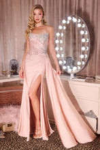 CD CD689 - Strapless Fit & Flare Prom Gown with Bead Embellished Corset Bodice Drape Waisted Side Sash & Leg Slit PROM GOWN Cinderella Divine 0 Dusty Rose