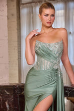 CD CD689 - Strapless Fit & Flare Prom Gown with Bead Embellished Corset Bodice Drape Waisted Side Sash & Leg Slit PROM GOWN Cinderella Divine 0 Moss Green