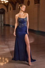 CD CD689 - Strapless Fit & Flare Prom Gown with Bead Embellished Corset Bodice Drape Waisted Side Sash & Leg Slit PROM GOWN Cinderella Divine 0 Navy