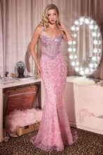 CD CD695 - Sequin Patterned fit & flare Prom Gown with Sheer Crystal Embellished Halter Corset Bodice & Open Lace Up Back