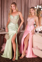 CD CD718 - Stretch Satin Fit & Flare Prom Gown with Beaded Appliqued Sheer Bodice & Leg Slit - Diggz Formals