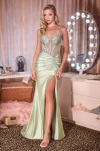 CD CD718 - Stretch Satin Fit & Flare Prom Gown with Beaded Appliqued Sheer Bodice & Leg Slit - Diggz Formals