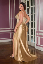 CD CD718C - Plus Size Stretch Satin Fit & Flare Prom Gown with Beaded Appliqued Sheer Bodice & Leg Slit - Diggz Formals