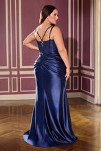 CD CD718C - Plus Size Stretch Satin Fit & Flare Prom Gown with Beaded Appliqued Sheer Bodice & Leg Slit - Diggz Formals