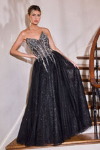 CD CD721 - Strapless Layered Shimmer Tulle A-Line Prom Gown with Sheer Beaded Lace Corset Bodice & open Lace Up Back PROM GOWN Cinderella Divine 2 Black Silver