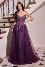 CD CD721 - Strapless Layered Shimmer Tulle A-Line Prom Gown with Sheer Beaded Lace Corset Bodice & open Lace Up Back PROM GOWN Cinderella Divine 2 Eggplant