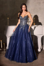 CD CD721 - Strapless Layered Shimmer Tulle A-Line Prom Gown with Sheer Beaded Lace Corset Bodice & open Lace Up Back PROM GOWN Cinderella Divine 2 Navy