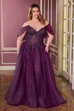 CD CD721C - Plus Size Strapless Layered Shimmer Tulle A-Line Prom Gown with Sheer Beaded Lace Embellished Corset Bodice & open Lace Up Back PROM GOWN Cinderella Divine 18 Eggplant