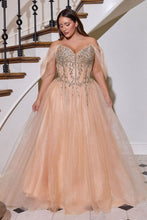 CD CD721C - Plus Size Strapless Layered Shimmer Tulle A-Line Prom Gown with Sheer Beaded Lace Embellished Corset Bodice & open Lace Up Back PROM GOWN Cinderella Divine 18 Gold