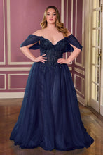 CD CD721C - Plus Size Strapless Layered Shimmer Tulle A-Line Prom Gown with Sheer Beaded Lace Embellished Corset Bodice & open Lace Up Back PROM GOWN Cinderella Divine 18 Navy