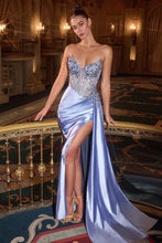 CD CD722 - Strapless Stretch Satin Fit & Flare Prom Gown with Sheer Beaded Lace Corset Bodice Leg Slit Side Sash & Open Lace Up Back PROM GOWN Cinderella Divine