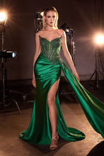 CD CD722 - Strapless Stretch Satin Fit & Flare Prom Gown with Sheer Beaded Lace Corset Bodice Leg Slit Side Sash & Open Lace Up Back PROM GOWN Cinderella Divine 0 Emerald