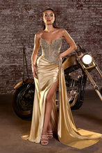 CD CD722 - Strapless Stretch Satin Fit & Flare Prom Gown with Sheer Beaded Lace Corset Bodice Leg Slit Side Sash & Open Lace Up Back PROM GOWN Cinderella Divine 0 Gold
