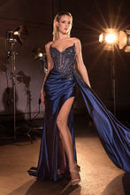 CD CD722 - Strapless Stretch Satin Fit & Flare Prom Gown with Sheer Beaded Lace Corset Bodice Leg Slit Side Sash & Open Lace Up Back PROM GOWN Cinderella Divine 0 Navy