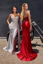 CD CD722 - Strapless Stretch Satin Fit & Flare Prom Gown with Sheer Beaded Lace Corset Bodice Leg Slit Side Sash & Open Lace Up Back PROM GOWN Cinderella Divine