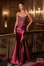 CD CD725 - Strapless Stretch Satin Fit & Flare Prom Gown with Sheer Beaded Lace Corset Bodice Leg Slit & Open Lace Up Back PROM GOWN Cinderella Divine 4 Burgundy