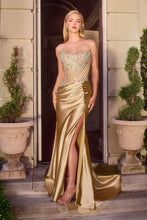 CD CD725 - Strapless Stretch Satin Fit & Flare Prom Gown with Sheer Beaded Lace Corset Bodice Leg Slit & Open Lace Up Back PROM GOWN Cinderella Divine 2 Gold