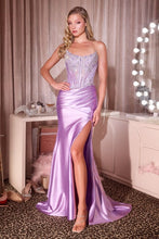 CD CD725 - Strapless Stretch Satin Fit & Flare Prom Gown with Sheer Beaded Lace Corset Bodice Leg Slit & Open Lace Up Back PROM GOWN Cinderella Divine 4 Lavender