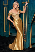CD CD729 - Stretch Satin Fit & Flare Prom Gown with Beaded Corset Bodice Leg Slit & Lace Up Back - Diggz Formals