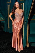 CD CD729 - Stretch Satin Fit & Flare Prom Gown with Beaded Corset Bodice Leg Slit & Lace Up Back - Diggz Formals