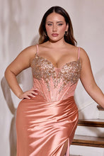 CD CD729C - Plus Size Stretch Satin Fit & Flare Prom Gown with Sheer Rhinestone Embellished Corset Bodice Removeable Off the Shoulder Straps Leg Slit & Open Lace Up Back PROM GOWN Cinderella Divine
