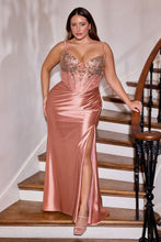 CD CD729C - Plus Size Stretch Satin Fit & Flare Prom Gown with Beaded Corset Bodice Leg Slit & Lace Up Back - Diggz Formals