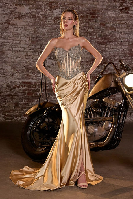 CD CD736 - Strapless Stretch Satin Fit & Flare Prom Gown with Sheer Crystal Embellished Bodice Leg Slit & Lace Up Corset Back PROM GOWN Cinderella Divine 0 Gold
