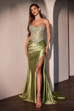 CD CD736 - Strapless Stretch Satin Fit & Flare Prom Gown with Sheer Crystal Embellished Bodice Leg Slit & Lace Up Corset Back PROM GOWN CINDERELLA DIVINE 0 Greenery